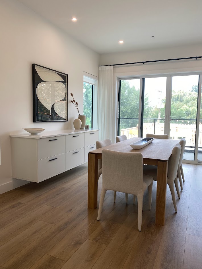 A contemporary dining room with minimalist furniture